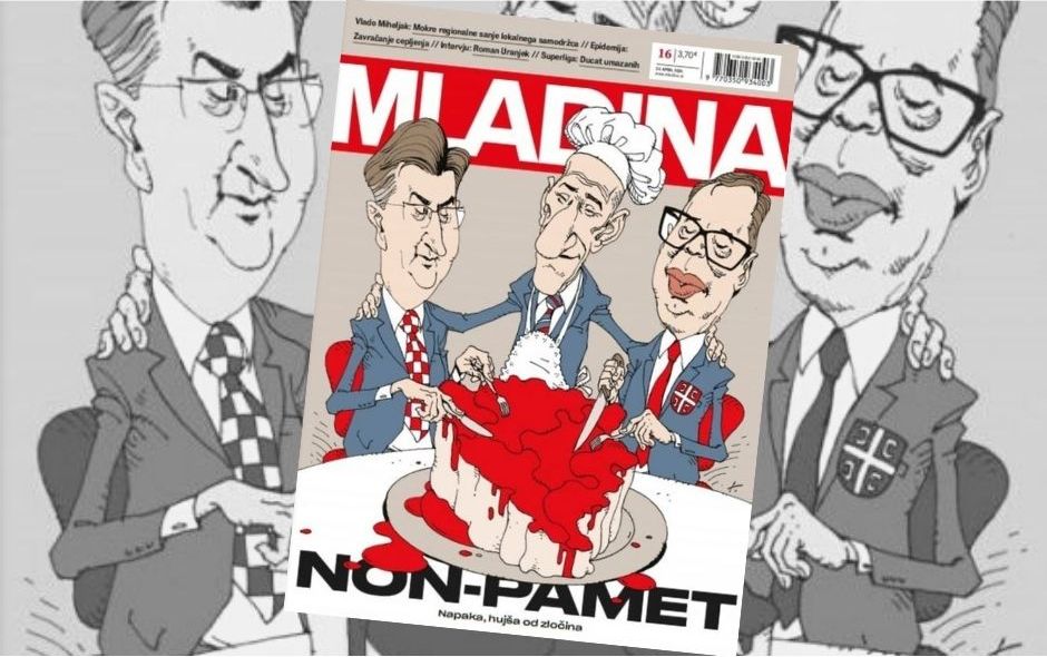 Naslovnica “Mladine”: Zagrljeni Janša, Vučić i Plenković komadaju Bosnu